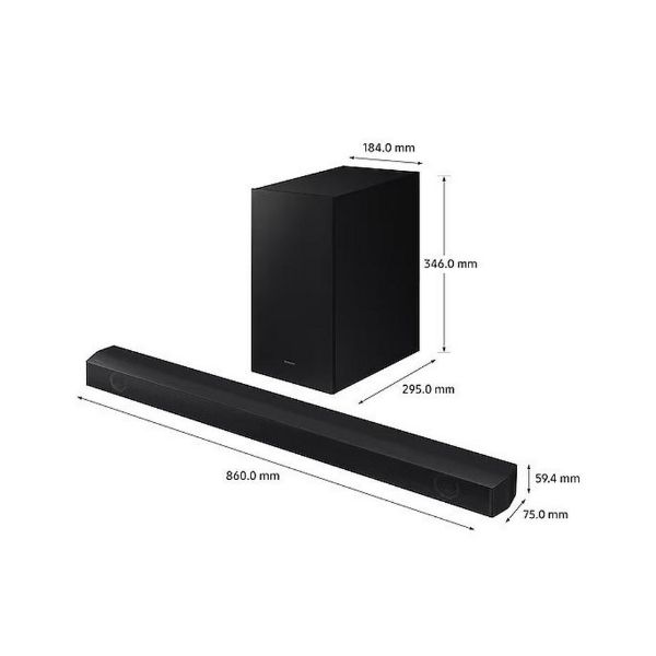 Samsung HW_B530XU Wireless Soundbar with Subwoofer and game mode - Black_dimen