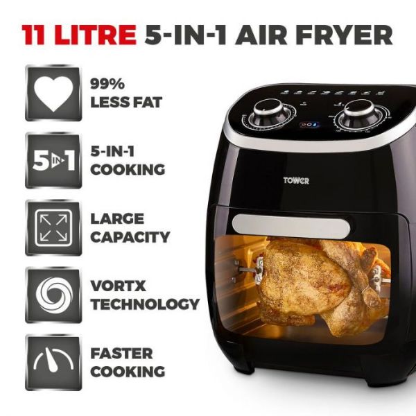 Picture of Tower T17038 Vortx 2000W 11L 5-in-1 Manual Air Fryer Oven with Rotisserie in Black