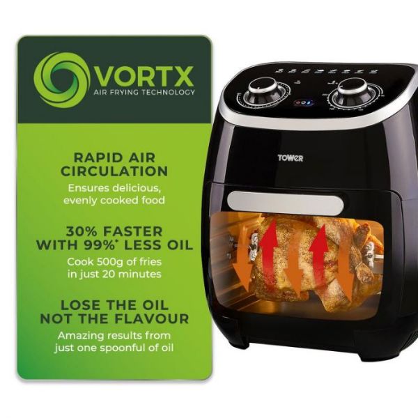 Picture of Tower T17038 Vortx 2000W 11L 5-in-1 Manual Air Fryer Oven with Rotisserie in Black