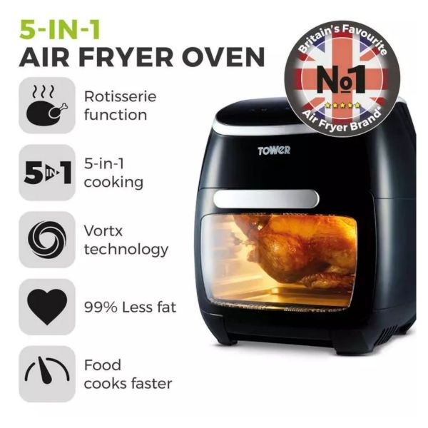 Picture of Tower T17039 Xpress Pro 2000W 11 Litre 5-in-1 Digital Air Fryer Oven with Rotisserie in Black
