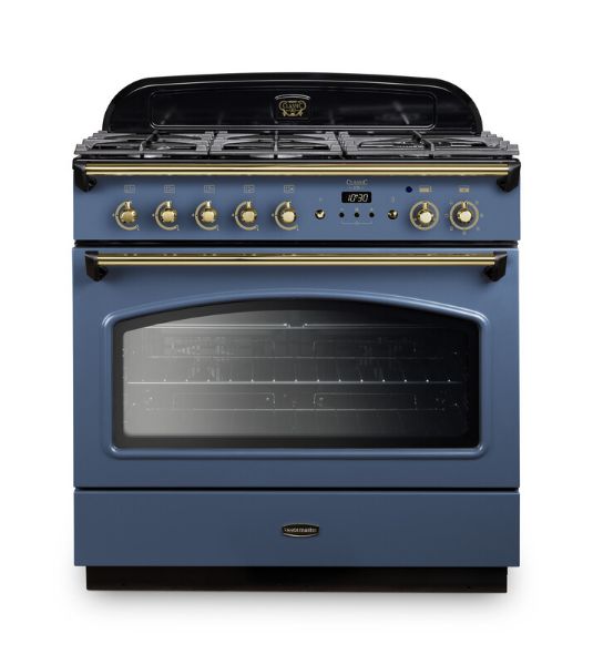 Rangemaster 128360 Classic FX 90 Dual Fuel Range Cooker in Stone Blue with Brass Trim - CLAS90FXDFFSB/B