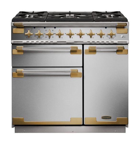 Rangemaster 135370 Elise Luxe 90 Dual Fuel Range Cooker in Stainless Steel with Antique Brass Trim - ELS90DFFSS/AB