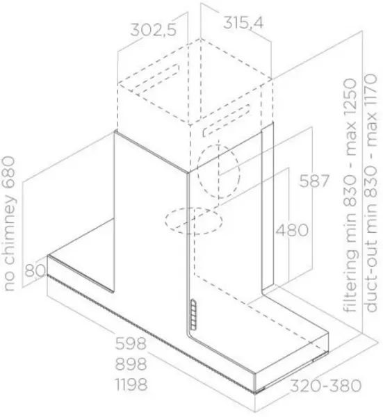 Elica HAIKU-60-BLK 60cm Wide Wall Mounted Chimney Hood in Black_dimensions