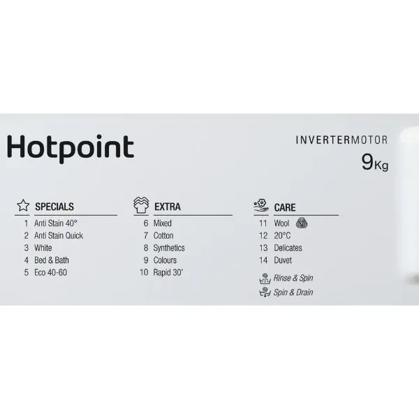 Hotpoint BI WMHG 91485 UK 9kg 1400 Spin Integrated Washing Machine_programme list
