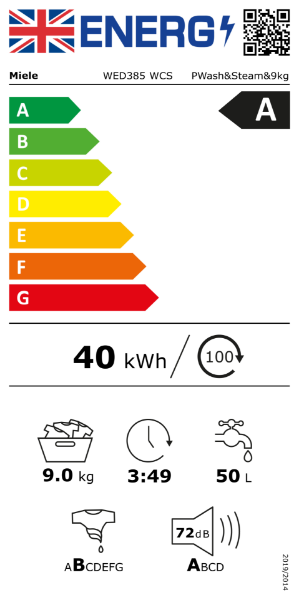 Miele WED385 WCS 9kg 1400 Spin Freestanding Washing Machine with SteamCare and QuickPowerWash_energy label