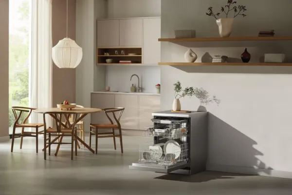 Miele G5410 SC CLST Active Plus Freestanding Full Size Dishwasher in Clean Steel_room view door open