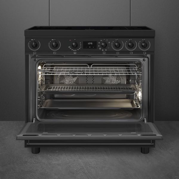 Smeg C9IMN2 90cm Symphony Classic Single Cavity Induction Range Cooker in matte black _ open oven view