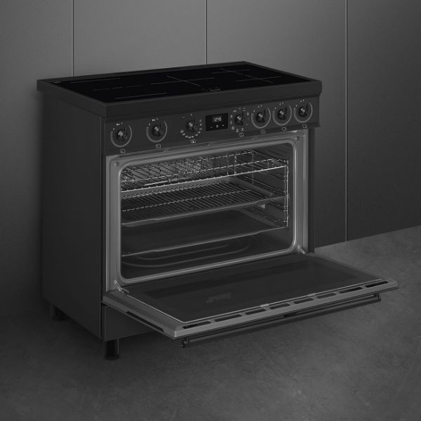Smeg C9IMN2 90cm Symphony Classic Single Cavity Induction Range Cooker in matte black _ open oven side view