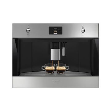 Smeg CMS4303X 45cm Classic Fully Automatic Coffee Machine in Stainless Steel _ Front view dual cups Smeg CMS4303X 45cm Classic Fully Automatic Coffee Machine in Stainless Steel _ Front view dual cups