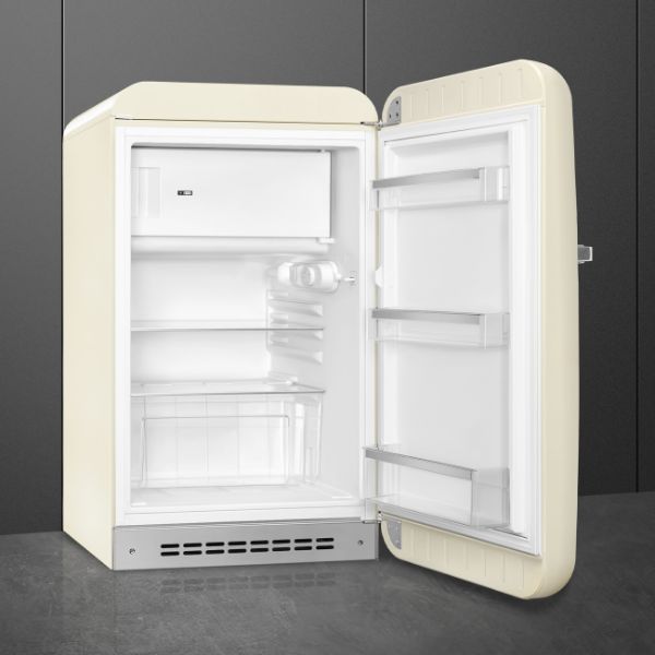 Smeg FAB10RCR6 55cm 50s Style Fridge Freezer Minibar Right Hand Hinge In Cream_open