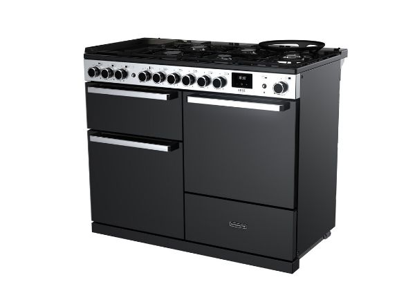 Rangemaster 15816 Edge Deluxe 110 Dual Fuel Range Cooker in Black Glass with Chrome Trim - EDDLO110DFGBLK/CM1_angled