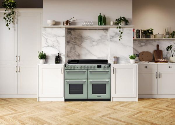 Rangemaster 18150 Estel Deluxe 110 Dual Fuel Range Cooker in Mint with Antique Brass trim - ESDLB110DFPMNT/AB1_room view
