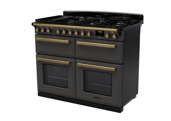 Rangemaster 18145 Estel Deluxe 110 Dual Fuel Range Cooker in Slate with Antique Brass Trim - ESDLB110DFPSLT/AB1_angled