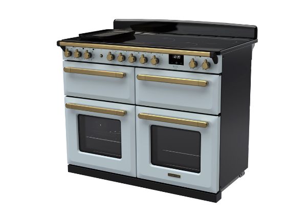 Rangemaster 18169 Estel Deluxe 110 Induction Range Cooker in Misty Blue with Antique Brass Trim - ESDLB110EIPMSB/AB1_angled