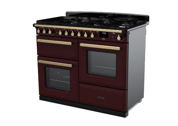 Rangemaster 18105 Estel Deluxe 110 Dual Fuel Range Cooker in Bordeaux with Antique Brass Trim - ESDLO110DFPBOR/AB1_angled