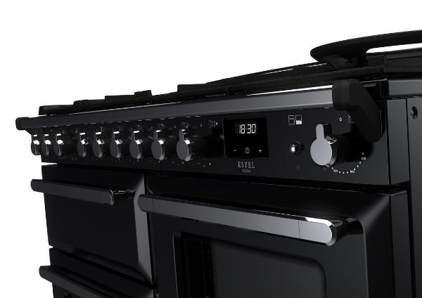 Rangemaster 15146 Estel Deluxe 110 Dual Fuel Range Cooker with Proving Drawer in Gloss Black with Chrome Trim - ESDLO110DFPGBL/CM1_controls