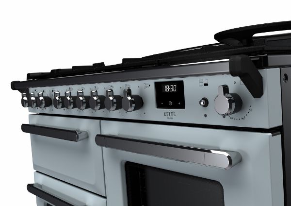 Rangemaster 15151 Estel Deluxe 110 Dual Fuel Range Cooker with Proving Drawer in Misty Blue with Chrome Trim - ESDLO110DFPMSB/CM1_controls