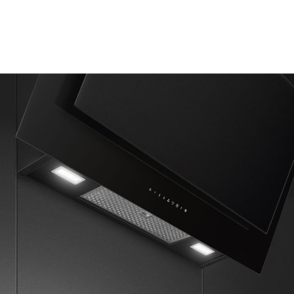 Smeg KV194B3 90cm Linea Angled Chimney Auto-Vent 2.0 Hood Midnight Black under