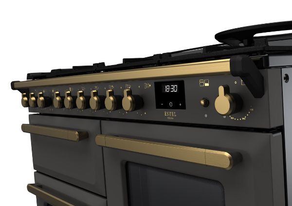 Rangemaster 18103 Estel Deluxe 110 Dual Fuel Range Cooker with Proving Drawer in Slate with Antique Brass Trim - ESDLO110DFPSLT/AB1_controls