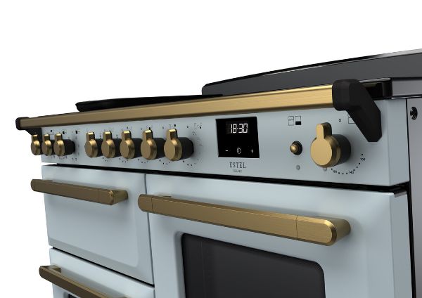Rangemaster 18127 Estel Deluxe 110 Induction Range Cooker with Proving Drawer in Misty Blue with Antique Brass Trim - ESDLO110EIPMSB/AB1_controls