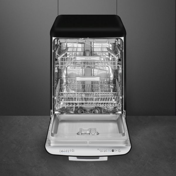 Smeg DFFABBL 60cm 50s style Freestanding Dishwasher in Black _ front view open