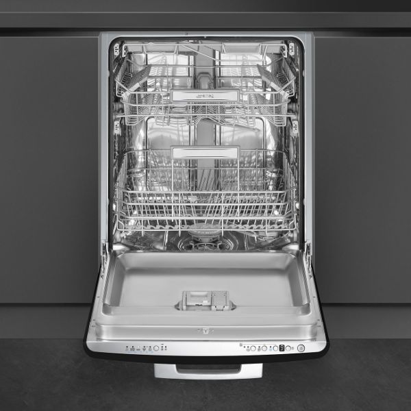Smeg DIFABBL 60cm 50s style Built-in Dishwasher in Black _ front view door open fitted