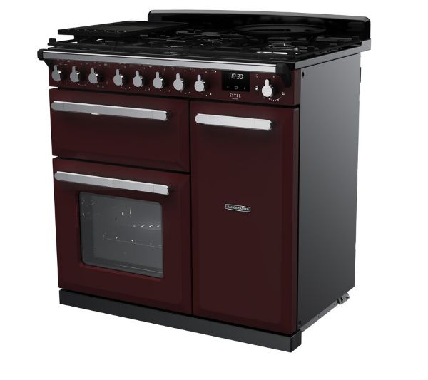 Rangemaster 14979 Estel Deluxe 90 Dual Fuel Range Cooker in Bordeaux with Chrome Trim_angled
