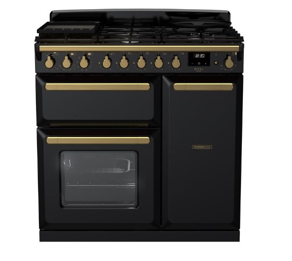 Rangemaster 18032 Estel Deluxe 90 Dual Fuel Range Cooker in Gloss Black with Antique Brass Trim - ESDL90DFPGBL/AB1_main
