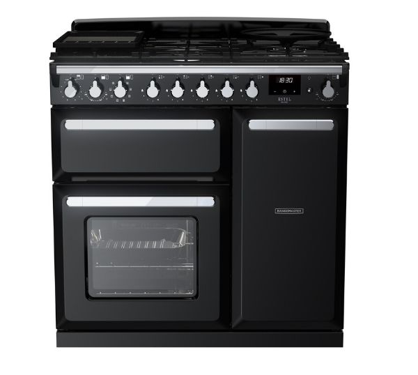Rangemaster 14976 Estel Deluxe 90 Dual Fuel Range Cooker in Gloss Black with Chrome Trim - ESDL90DFPGBL/CM1_main