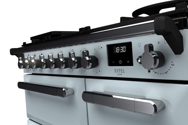 Rangemaster 14981 Estel Deluxe 90 Dual Fuel Range Cooker in Misty Blue with Chrome Trim - ESDL90DFPMSB/CM1_controls
