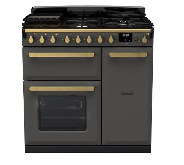 Rangemaster 18033 Estel Deluxe 90 Dual Fuel Range Cooker in Slate with Antique Brass Trim - ESDL90DFPSLT/AB1_main