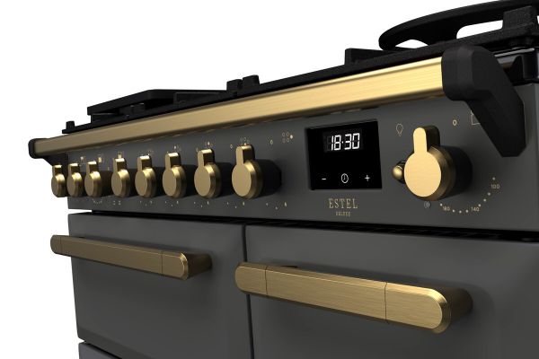 Rangemaster 18033 Estel Deluxe 90 Dual Fuel Range Cooker in Slate with Antique Brass Trim - ESDL90DFPSLT/AB1_controls