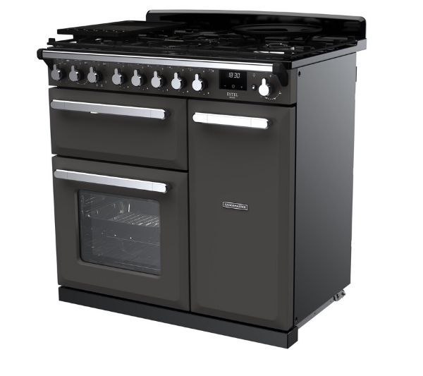 Rangemaster 14977 Estel Deluxe 90 Dual Fuel Range Cooker in Slate with Chrome Trim - ESDL90DFPSLT/CM1_angled