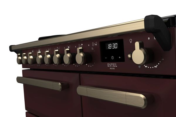 Rangemaster 18056 Estel Deluxe 90 Induction Range Cooker in Bordeaux with Antique Brass Trim - ESDL90EIPBOR/AB1_controls