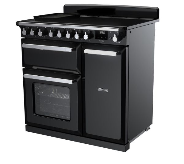 Rangemaster 15027 Estel Deluxe 90 Induction Range Cooker in Gloss Black with Chrome Trim - ESDL90EIPGBL/CM1_angled