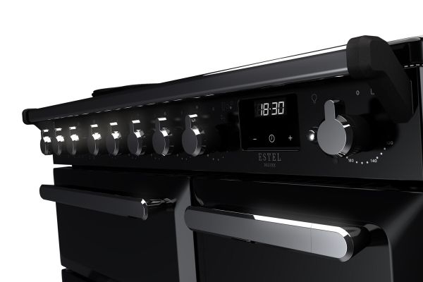 Rangemaster 15027 Estel Deluxe 90 Induction Range Cooker in Gloss Black with Chrome Trim - ESDL90EIPGBL/CM1_controls