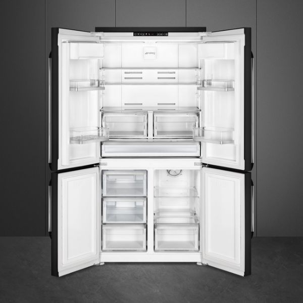 Smeg FQ960BL6 90cm Victoria Four Door Fridge Freezer Black open