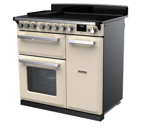 Rangemaster 15029 Estel Deluxe 90 Induction Range Cooker in Pale Cream with Chrome Trim - ESDL90EIPPCR/CM1_angled view