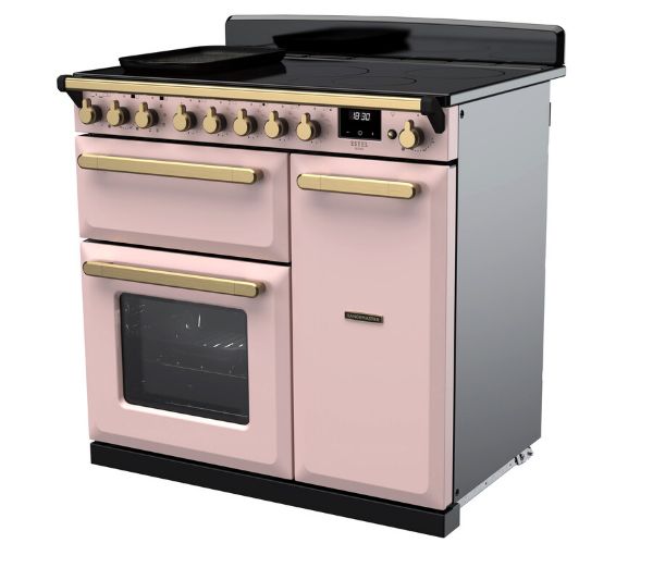 Rangemaster 18058 Estel Deluxe 90 Induction Range Cooker in Pale Pink with Antique Brass Trim - ESDL90EIPPPK/AB1_angled