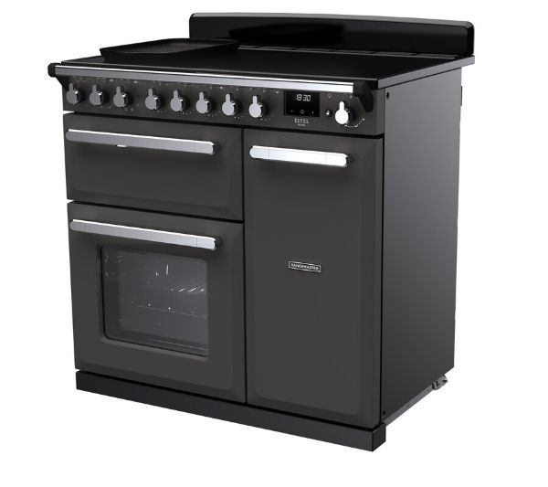 Rangemaster 15028 Estel Deluxe 90 Induction Range Cooker in Slate with Chrome Trim - ESDL90EIPSLT/CM1_angled