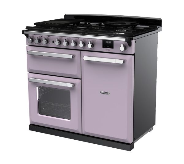 Rangemaster 17855 Estel Deluxe 100 Dual Fuel Range Cooker in Heather with Chrome Trim - ESDL100DFPHTH/CM1_angled view