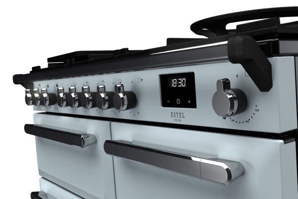 Rangemaster 15083 Estel Deluxe 100 Dual Fuel Range Cooker in Misty Blue with Chrome Trim - ESDL100DFPMSB/CM1_controls
