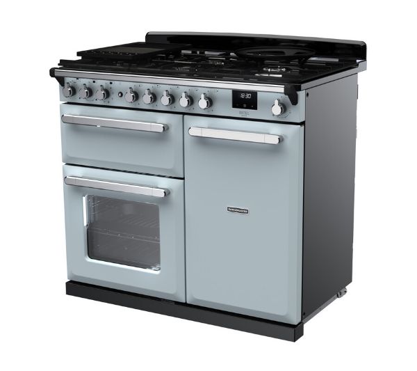 Rangemaster 15083 Estel Deluxe 100 Dual Fuel Range Cooker in Misty Blue with Chrome Trim - ESDL100DFPMSB/CM1_angled
