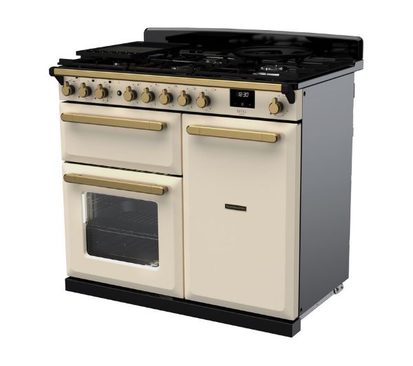 Rangemaster 18076 Estel Deluxe 100 Dual Fuel Range Cooker in Pale Cream with Antique Brass Trim - ESDL100DFPPCR/AB1_angled