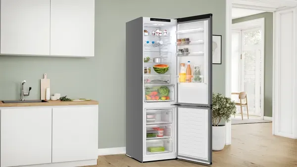 Bosch KGN39OCAFG Series 4, Free-standing fridge-freezer with freezer at bottom, 203 x 60 cm, Cast Iron, Green Collection, Total No Frost open