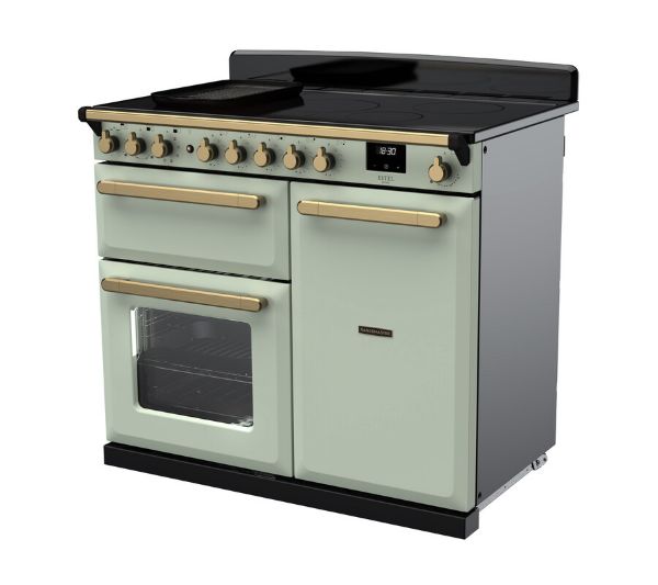 Rangemaster 18094 Estel Deluxe 100 Induction Range Cooker in Mint with Antique Brass Trim - ESDL100EIPMNT/AB1_angled view