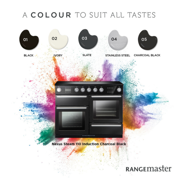 Rangemaster 125600 Nexus Steam 110 Induction Range Cooker in Charcoal Black with Chrome Trim - NEX110SOEICB/C1