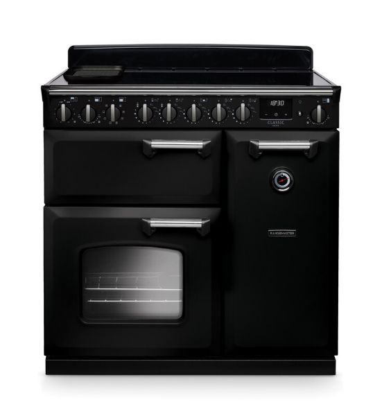 Rangemaster 14587 Classic Deluxe 90 Induction Range Cooker in Gloss Black with Chrome Trim - CLDL90EIPGBL/CM1
