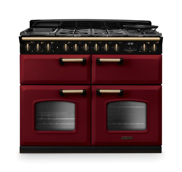 Rangemaster 18369 Classic Deluxe BC 110 Dual Fuel Range Cooker with Slow Cook Oven in Bordeaux with Antique Brass Trim - CLDLB110DFPBOR/AB1