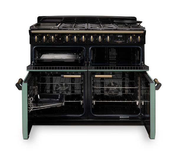 Rangemaster 18366 Classic Deluxe BC 110 Dual Fuel Range Cooker with Slow Cook Oven in Mineral Green with Antique Brass Trim - CLDLB110DFPMGR/AB1_doors open